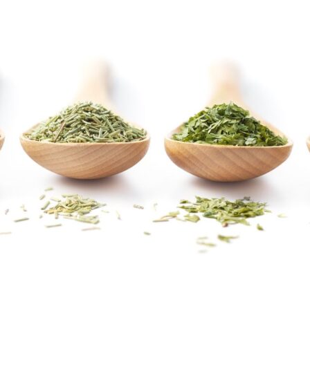 Four wooden spoons, each holding a different dried green herb, are evenly lined up on a white surface. Small piles of herbs are scattered in front—perfect for substituting herbs when you want a fresh twist in your recipes. The look is clean and minimalistic.
