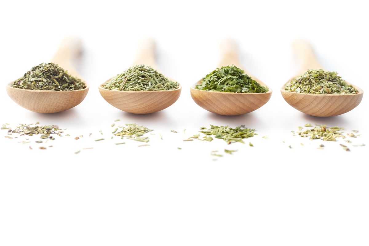 Four wooden spoons, each holding a different dried green herb, are evenly lined up on a white surface. Small piles of herbs are scattered in front—perfect for substituting herbs when you want a fresh twist in your recipes. The look is clean and minimalistic.