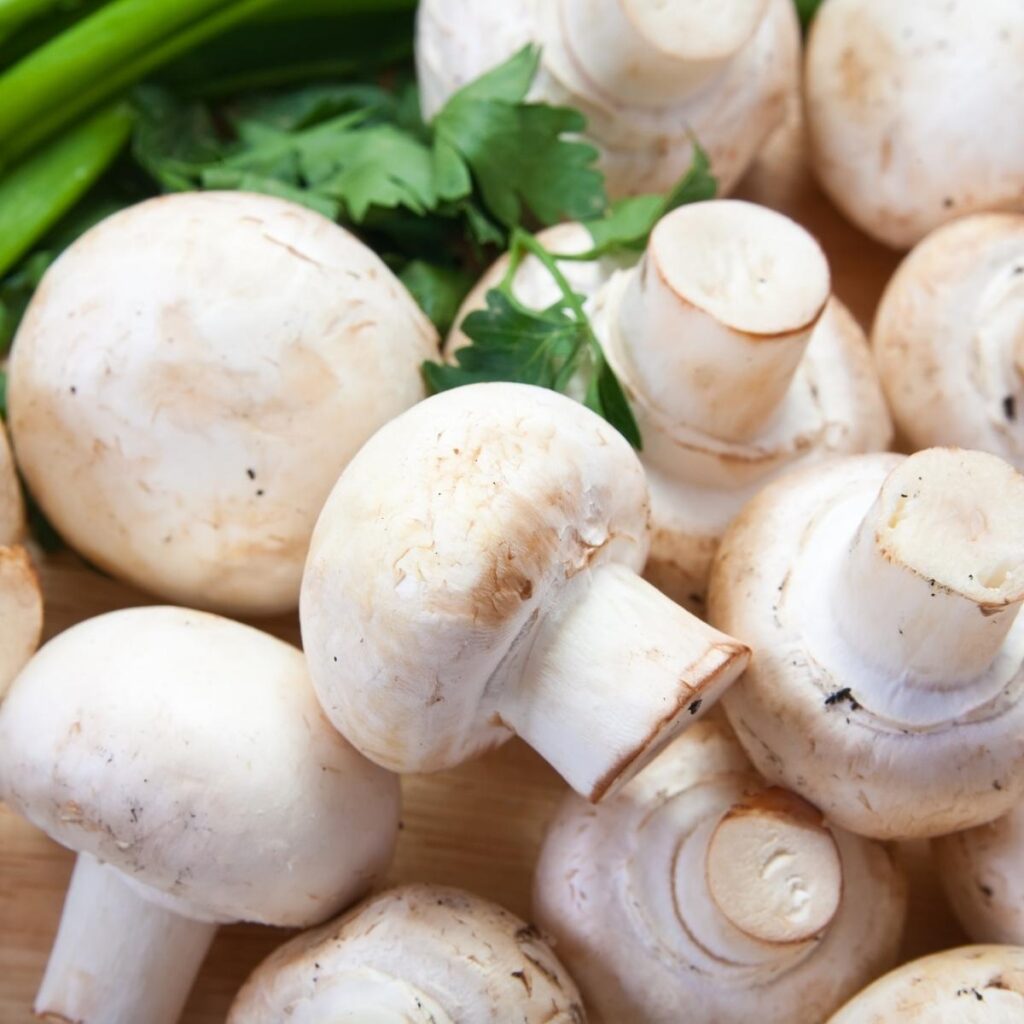 Several fresh white mushrooms with smooth caps and short stems are arranged closely together on a wooden surface—an inviting sight for any mushroom enthusiast. Green herbs, including parsley and spring onions, add vibrant contrast in the background.