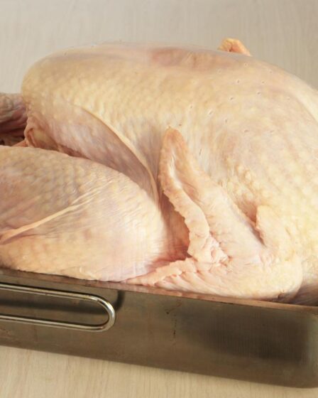 A whole raw turkey with pale, unseasoned skin sits in a large rectangular metal roasting tin on a light wood surface, ready for Christmas preparation—handle with care to avoid food poisoning.