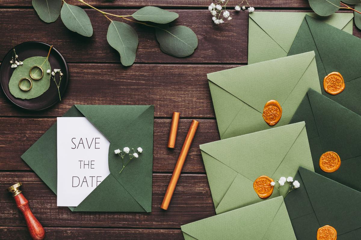 A “Save the Date” card peeks from a green envelope on a wooden table. Surrounding it are more green envelopes sealed with wax—perfect for couples seeking simple wedding hacks to save money on beautiful, budget-friendly invitations.